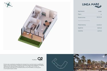 Rzut - Mieszkanie na sprzedaż 2 pokoje o powierzchni 36,59 m² - numer 0.A08 w Linea Mare - apartamenty inwestycyjne