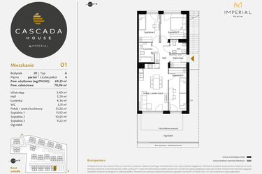Rzut - Mieszkanie na sprzedaż 4 pokoje o powierzchni 69,49 m² - numer 1.1 w CASCADA House