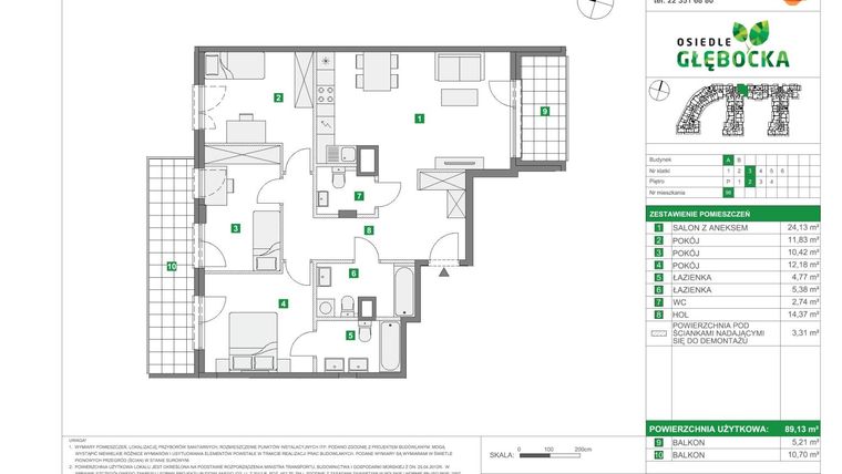 Rzut - Mieszkanie na sprzedaż 4 pokoje o powierzchni 89,13 m² - numer A.98 w Głębocka