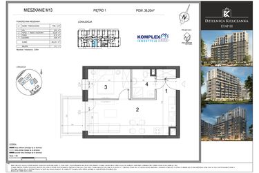 Rzut - Mieszkanie na sprzedaż 1 pokój o powierzchni 36,2 m² - numer M13 w Dzielnica Kielczanka etap III