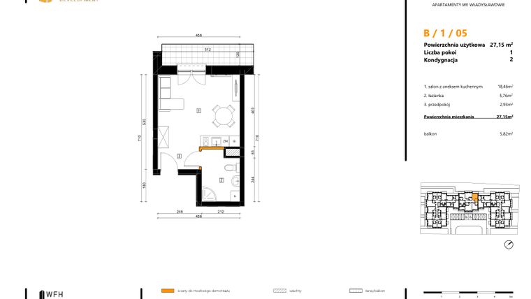 Rzut - Mieszkanie na sprzedaż 1 pokój o powierzchni 27,15 m² - numer B.1.05 w SPOT