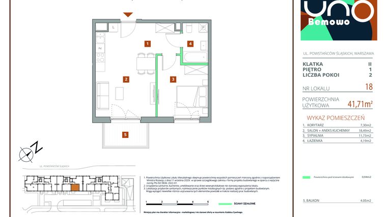 Rzut - Mieszkanie na sprzedaż 2 pokoje o powierzchni 41,71 m² - numer 18 w UNO Bemowo