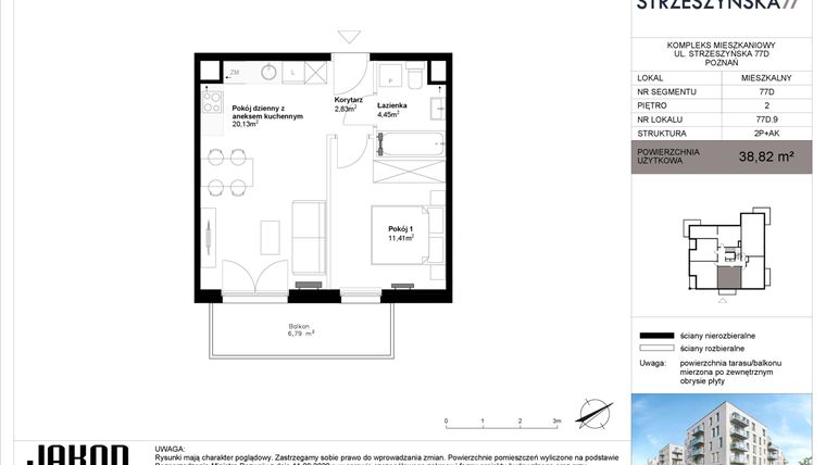 Rzut - Mieszkanie na sprzedaż 2 pokoje o powierzchni 38,82 m² - numer 77D.9 w Strzeszyńska 77