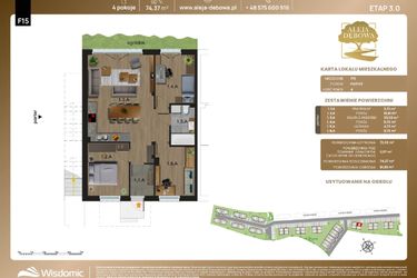 Rzut - Mieszkanie na sprzedaż 4 pokoje o powierzchni 74,37 m² - numer F15 w Aleja Dębowa III - mieszkania