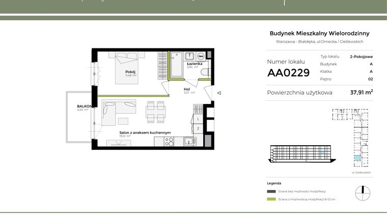 Rzut - Mieszkanie na sprzedaż 2 pokoje o powierzchni 37,91 m² - numer AA0229 w Orneko