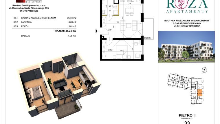Rzut - Mieszkanie na sprzedaż 2 pokoje o powierzchni 45,24 m² - numer M  33 w Apartamenty Róża