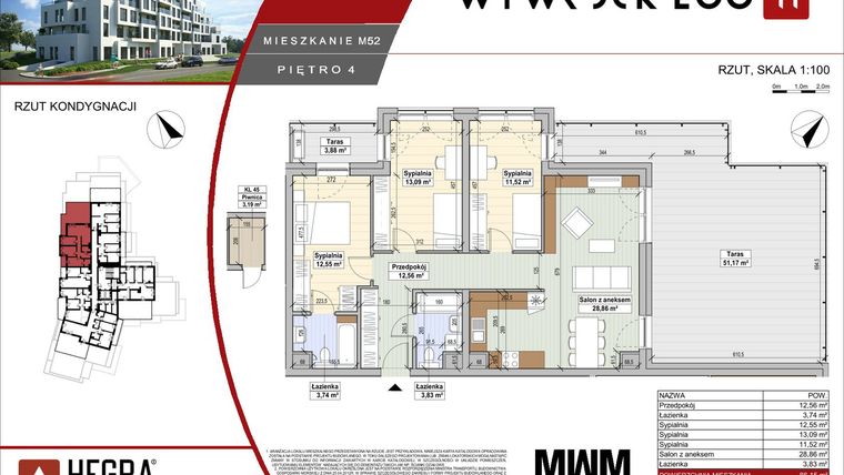 Rzut - Mieszkanie na sprzedaż 4 pokoje o powierzchni 86,15 m² - numer M52 w Apartamenty Wywrockiego 11