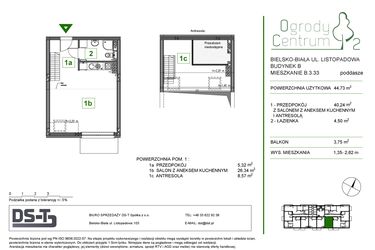 Rzut - Mieszkanie na sprzedaż 1 pokój o powierzchni 44,73 m² - numer B.3.33 w Ogrody Centrum 2