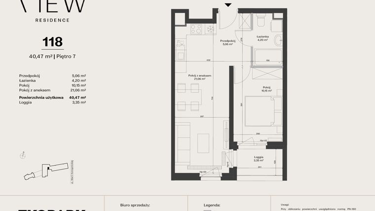 Rzut - Mieszkanie na sprzedaż 2 pokoje o powierzchni 40,47 m² - numer 118 w The View