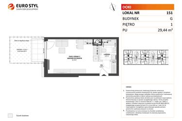 Rzut - Mieszkanie na sprzedaż 1 pokój o powierzchni 29,44 m² - numer G.151 w DOKI Living etap II