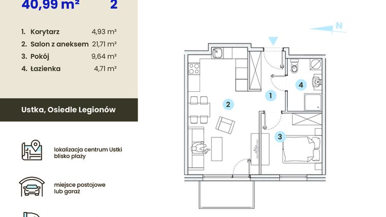 Rzut - Mieszkanie na sprzedaż 2 pokoje o powierzchni 40,99 m² - numer 2.7 w Ustka Flow