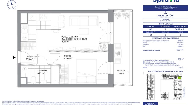Rzut - Mieszkanie na sprzedaż 2 pokoje o powierzchni 36,97 m² - numer B1_46 w Architektów
