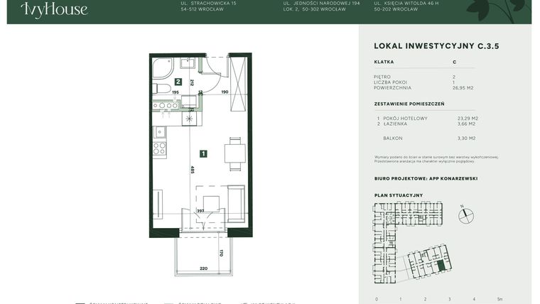 Rzut - Mieszkanie na sprzedaż 1 pokój o powierzchni 26,95 m² - numer C.3.5 w IVY HOUSE - Apartamenty inwestycyjne