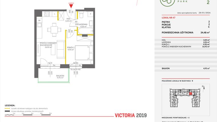 Rzut - Mieszkanie na sprzedaż 2 pokoje o powierzchni 34,37 m² - numer B.47 w Olchowy Park II