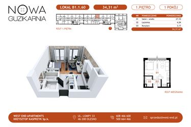 Rzut - Mieszkanie na sprzedaż 1 pokój o powierzchni 34,91 m² - numer B1.1.60 w Nowa Guzikarnia