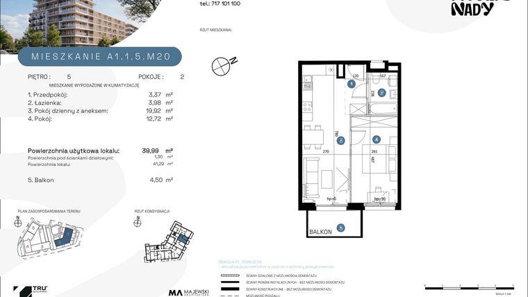 Rzut - Mieszkanie na sprzedaż 2 pokoje o powierzchni 39,99 m² - numer A1.1.5.M20 w Nowe Promenady