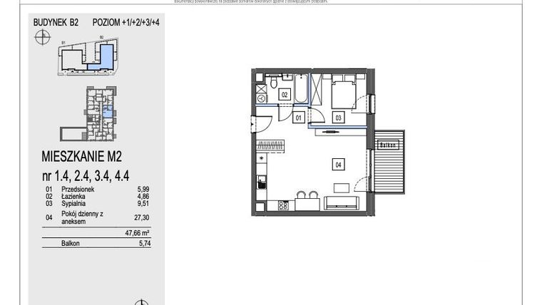 Rzut - Mieszkanie na sprzedaż 2 pokoje o powierzchni 47,66 m² - numer B2.1.4 w Chryzantemovo