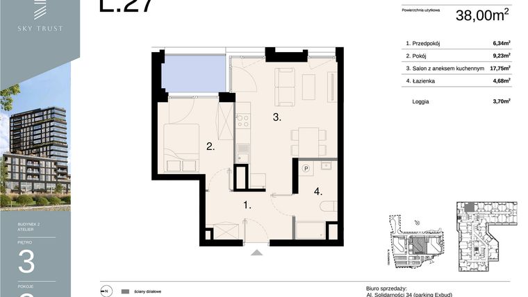 Rzut - Mieszkanie na sprzedaż 2 pokoje o powierzchni 38 m² - numer L27 w Sky Trust etap II - apartamenty inwestycyjne 23% VAT PRS