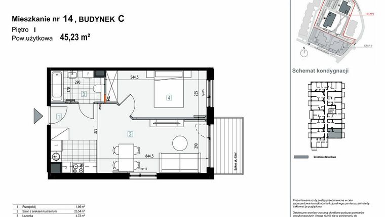 Rzut - Mieszkanie na sprzedaż 2 pokoje o powierzchni 45,23 m² - numer C.M14 w Apartamenty Kopernika