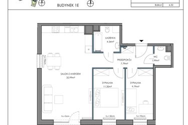 Rzut - Mieszkanie na sprzedaż 3 pokoje o powierzchni 68,61 m² - numer 1E.26B w Osiedle Horizon