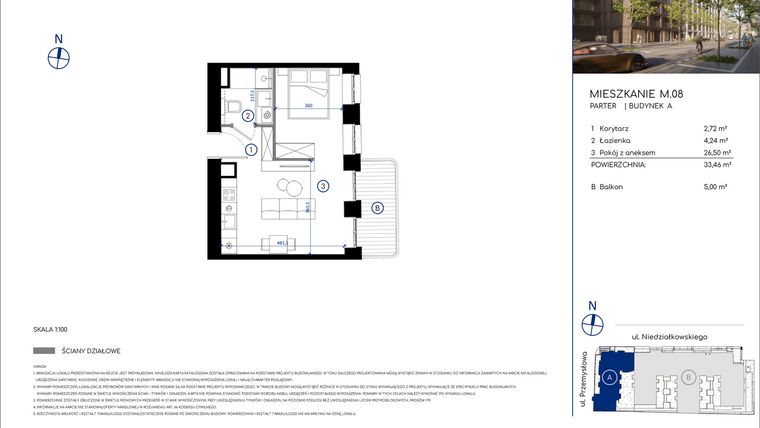 Rzut - Mieszkanie na sprzedaż 1 pokój o powierzchni 33,46 m² - numer M.08 w Niedziałkowskiego Park