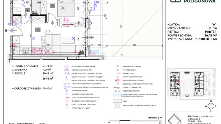 Rzut - Mieszkanie na sprzedaż 2 pokoje o powierzchni 36,48 m² - numer 14 w Apartamenty Poligonowa etap 5
