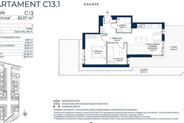 Rzut - Mieszkanie na sprzedaż 3 pokoje o powierzchni 50,7 m² - numer C13.1 w Sol Marina etap III