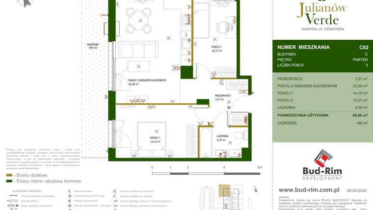 Rzut - Mieszkanie na sprzedaż 3 pokoje o powierzchni 60,06 m² - numer 2 w Julianów Verde