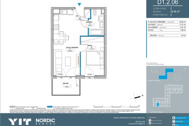 Rzut - Mieszkanie na sprzedaż 2 pokoje o powierzchni 39,96 m² - numer D1.2.06 w Nordic Bemowo - etap IV