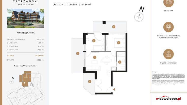 Rzut - Mieszkanie na sprzedaż 3 pokoje o powierzchni 51,2 m² - numer A09 w Tatrzański Resort