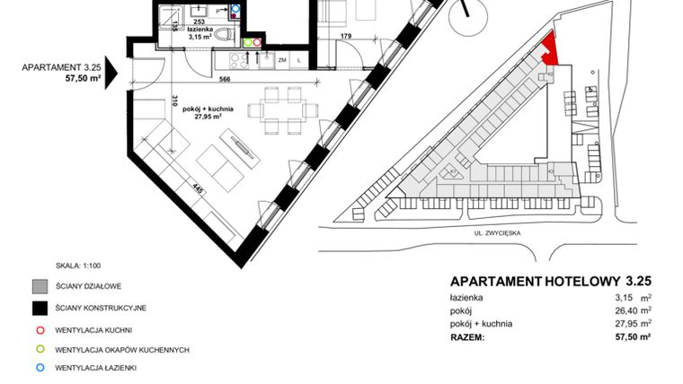 Rzut - Mieszkanie na sprzedaż 2 pokoje o powierzchni 56,77 m² - numer 3.25 w Apartamentowiec Zwycięska 3 - inwestycyjne