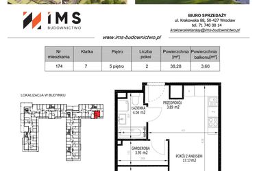Rzut - Mieszkanie na sprzedaż 2 pokoje o powierzchni 38,21 m² - numer 174 w Krakowskie Tarasy etap V