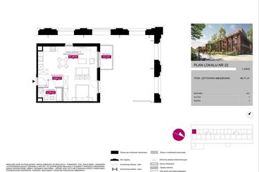 Rzut - Mieszkanie na sprzedaż 1 pokój o powierzchni 46,81 m² - numer G1 1/1/22 w Fuzja Mieszkania Loftowe