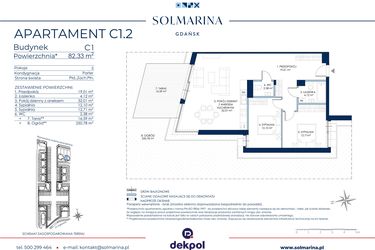 Rzut - Mieszkanie na sprzedaż 3 pokoje o powierzchni 82,33 m² - numer C1.2 w Sol Marina etap III