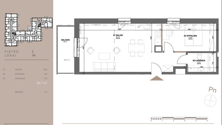 Rzut - Mieszkanie na sprzedaż 2 pokoje o powierzchni 50,61 m² - numer 74 w BETWEEN