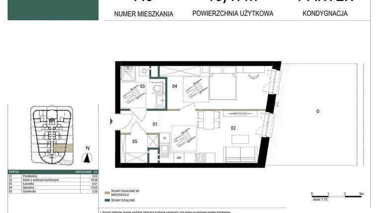 Rzut - Mieszkanie na sprzedaż 2 pokoje o powierzchni 46,47 m² - numer A5 w Drago