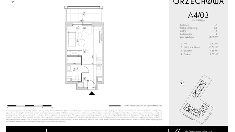 Rzut - Mieszkanie na sprzedaż 1 pokój o powierzchni 25,45 m² - numer A4-03 w Orzechowa 2