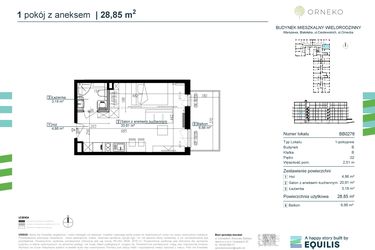 Rzut - Mieszkanie na sprzedaż 1 pokój o powierzchni 28,85 m² - numer BB0276 w Orneko