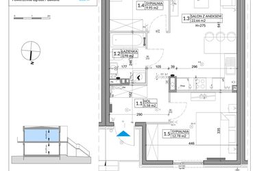Rzut - Mieszkanie na sprzedaż 3 pokoje o powierzchni 56,89 m² - numer 52B w Osiedle Młodych etap VIII