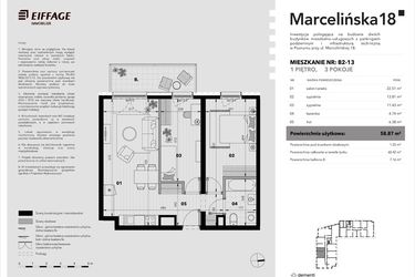 Rzut - Mieszkanie na sprzedaż 3 pokoje o powierzchni 59,26 m² - numer B2-13 w Marcelińska 18