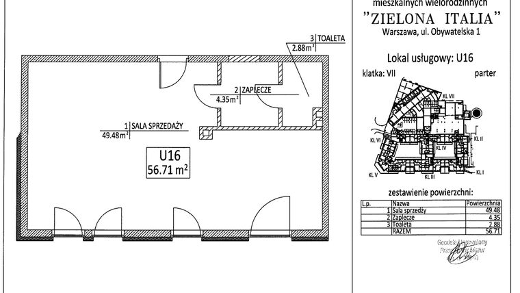 Rzut - Lokal użytkowy na sprzedaż 1 pokój o powierzchni 56,71 m² - numer U16 w Osiedle Zielona Italia