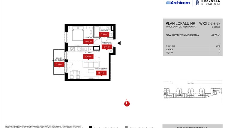 Rzut - Mieszkanie na sprzedaż 2 pokoje o powierzchni 41,73 m² - numer WR3 2/2/7/2k w Przystań Reymonta etap II