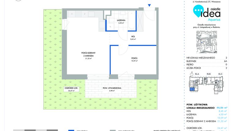 Rzut - Mieszkanie na sprzedaż 2 pokoje o powierzchni 44,86 m² - numer 6A/2 w Osiedle Idea Aquarius