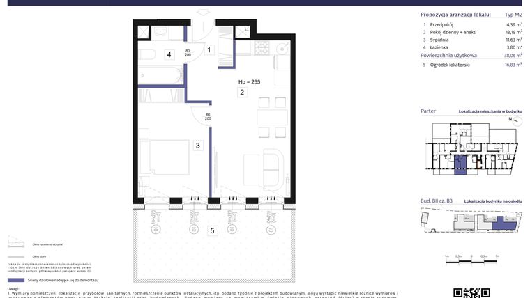 Rzut - Mieszkanie na sprzedaż 2 pokoje o powierzchni 38,06 m² - numer B3 – M0.5 w Primacasa