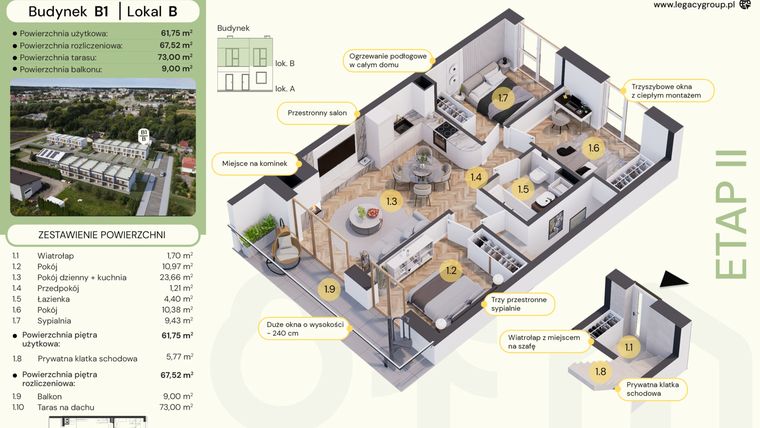 Rzut - Mieszkanie na sprzedaż 4 pokoje o powierzchni 67,52 m² - numer B1-B w Tu i Teraz etap II