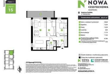 Rzut - Mieszkanie na sprzedaż 3 pokoje o powierzchni 69,41 m² - numer D15 w Nowa Częstochowa Małopolska etap II