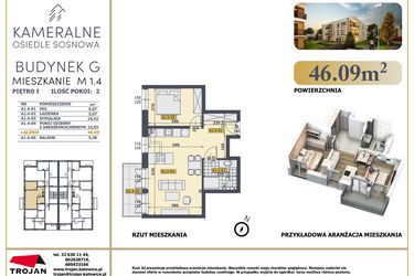 Rzut - Mieszkanie na sprzedaż 2 pokoje o powierzchni 46,09 m² - numer G1.4 w Osiedle Sosnowa G