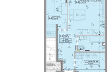 Rzut - Mieszkanie na sprzedaż 3 pokoje o powierzchni 46,34 m² - numer 107 w Manufaktura Marki 2 etap IV