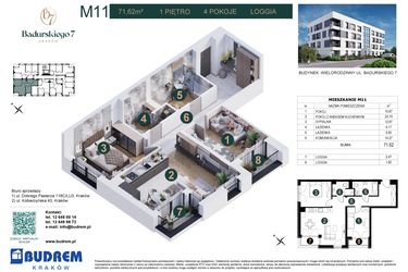 Rzut - Mieszkanie na sprzedaż 3 pokoje o powierzchni 71,62 m² - numer 11 w Badurskiego 7