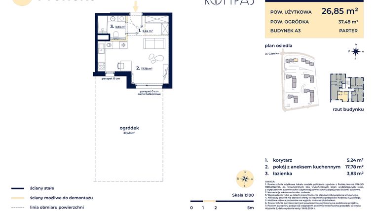 Rzut - Mieszkanie na sprzedaż 1 pokój o powierzchni 26,87 m² - numer A301 w Osiedle Kompas